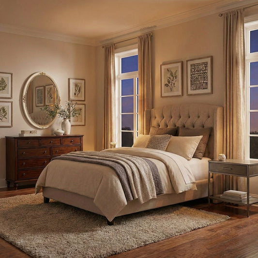 An antiqued hand carved gold-leaf white Italian mirror in a bedroom setting during evening.