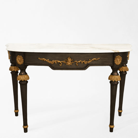 Traditional black console table with gold details and a white marble top.