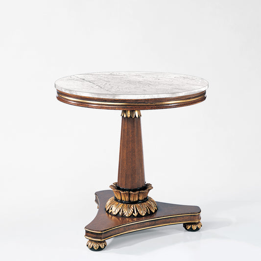 Brown and gold side table with white marble top