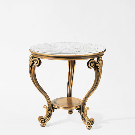 Brown and gold side table with white marble top.