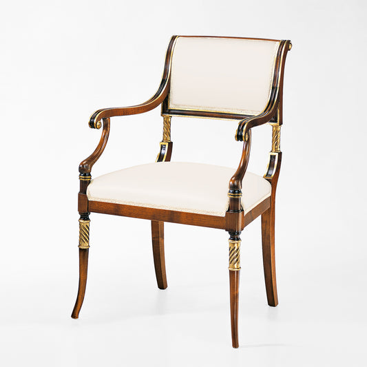 Brown wood chair with gold accents and cream fabric.