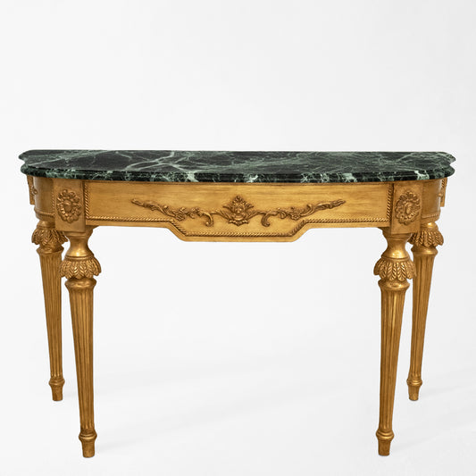 Traditional gold console with dark green marble top.