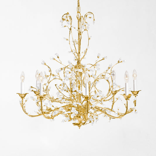 Gold chandelier with crystal drops.