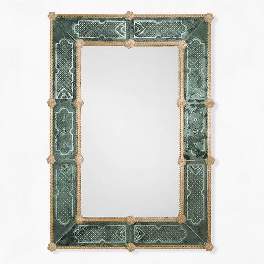 Antique green Murano glass mirror with gold details.