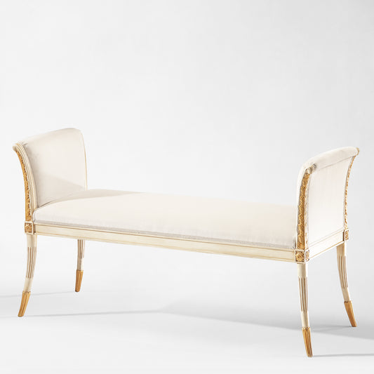 White and gold bench with white fabric.