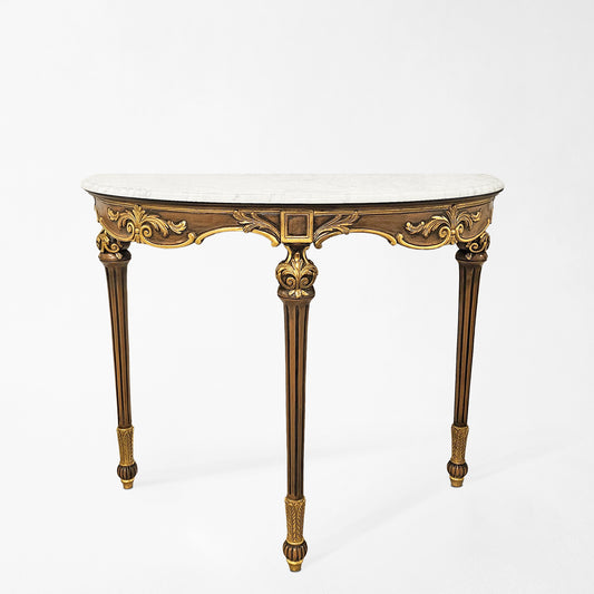 Brown and gold console table with white marble top.