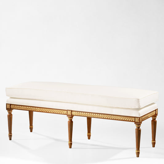 Luxurious brown and gold Italian bench with white fabric.