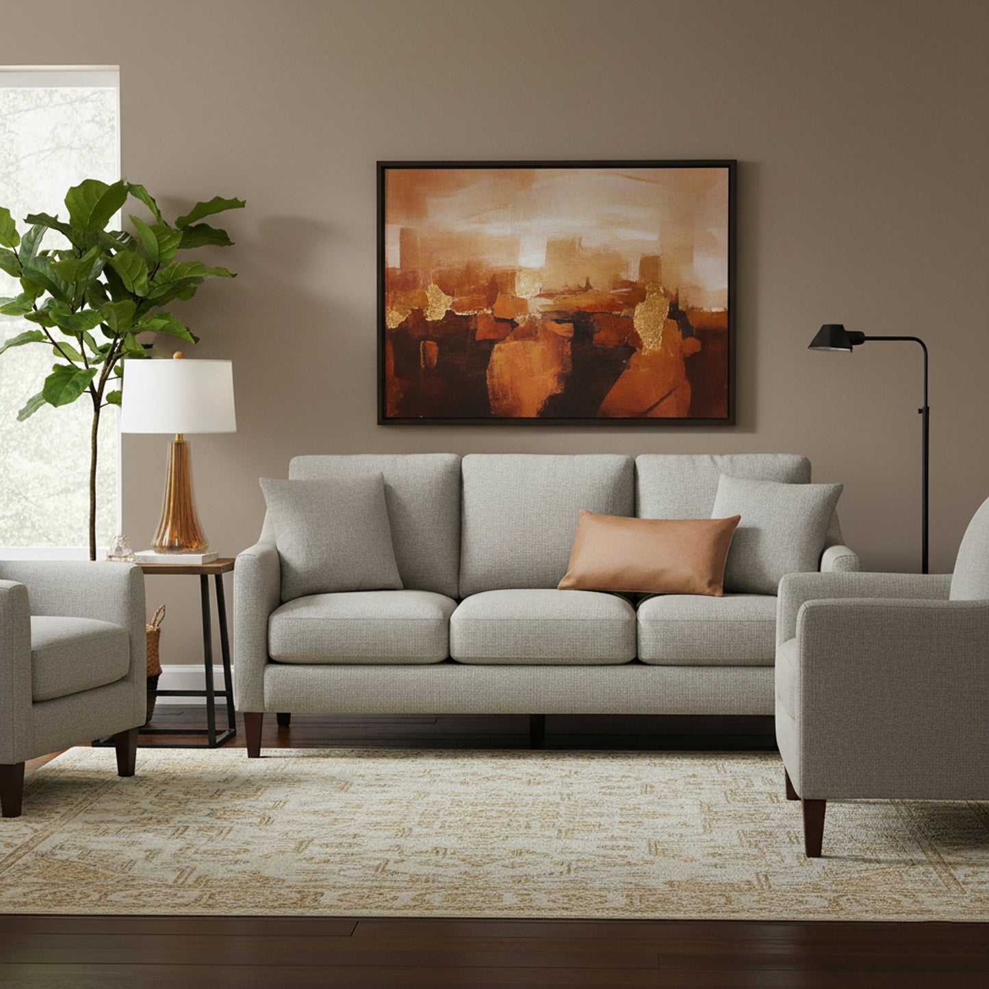 Living room with a gray sofa, armchair, and an amber Murano glass lamp.