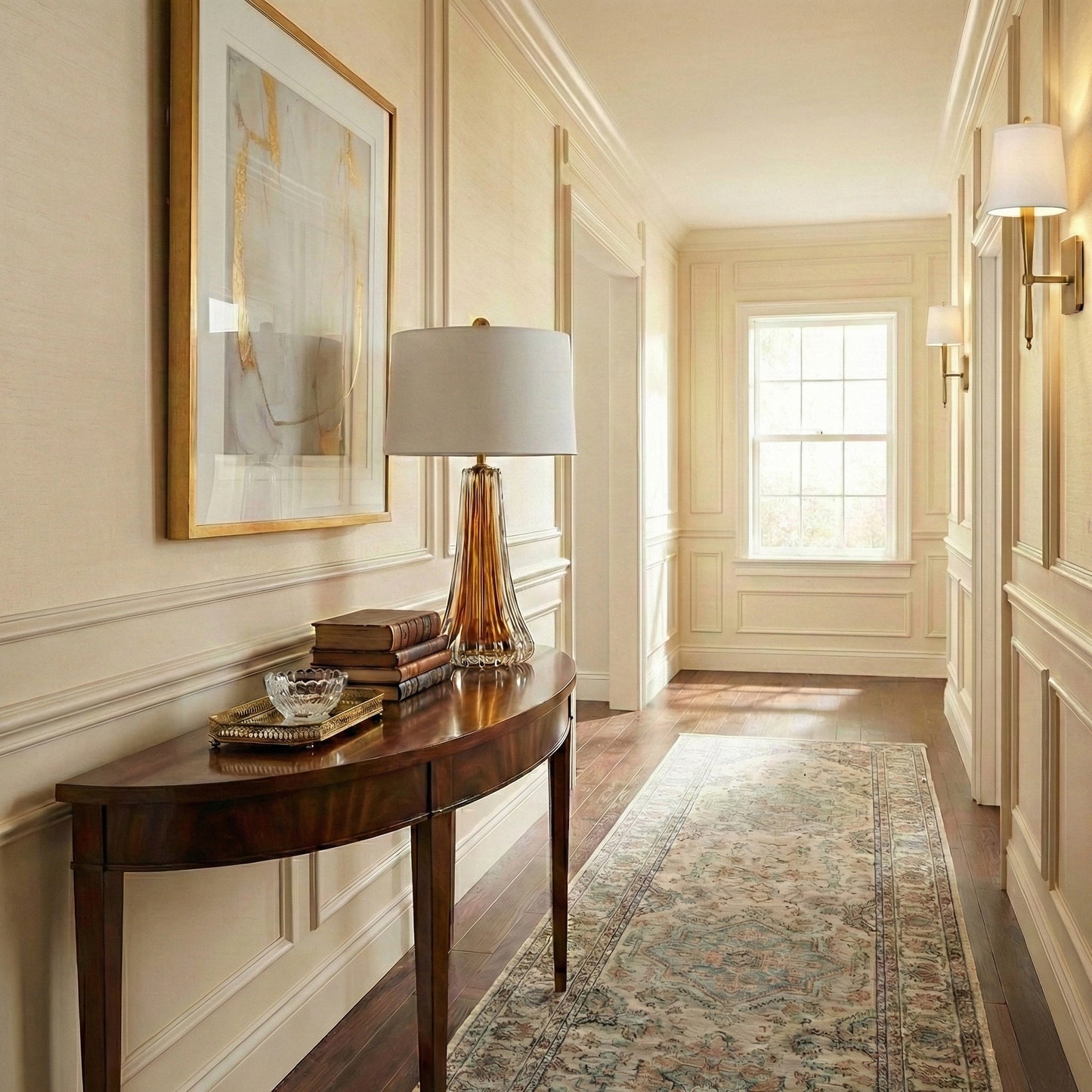 An amber Murano glass lamp with antique brass sconces in a luxurious hallway.