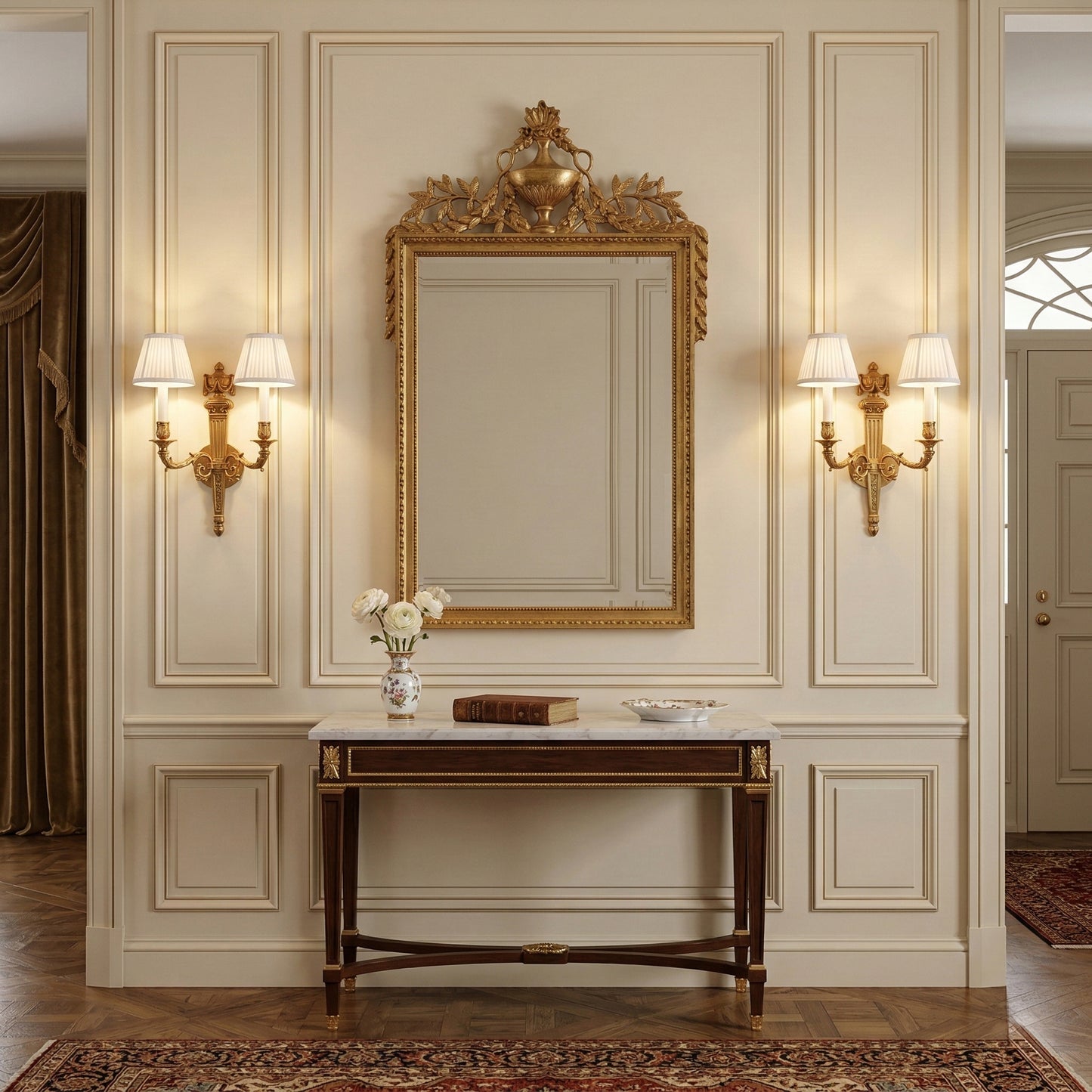 Antique gold Italian mirror between 2 antique brass sconces and above brown and gold Italian console table.