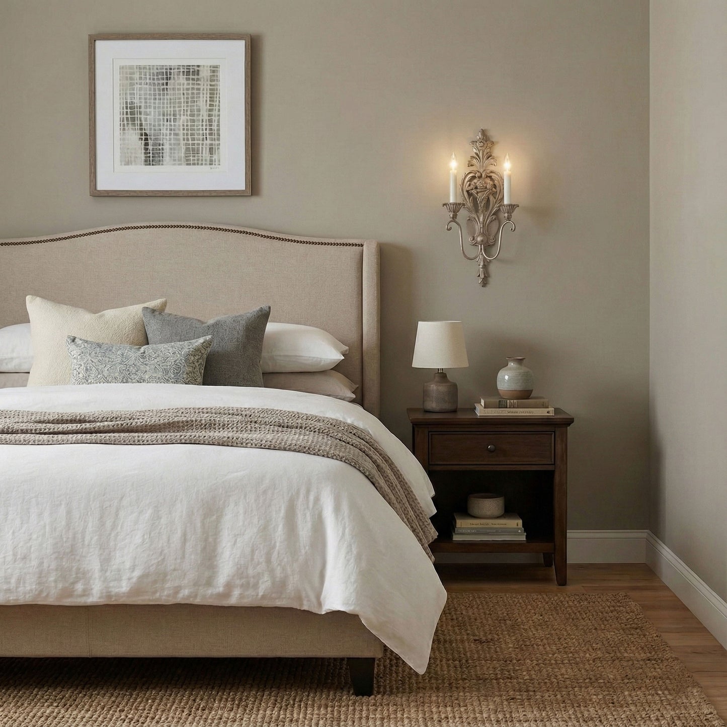 Neatly made bed with a silver sconce in a bedroom setting.