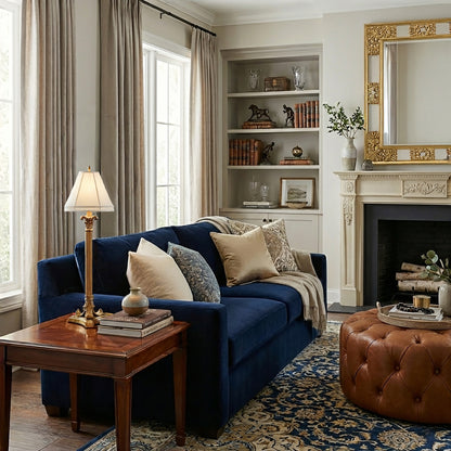 An antique brass table lamp in a living room.