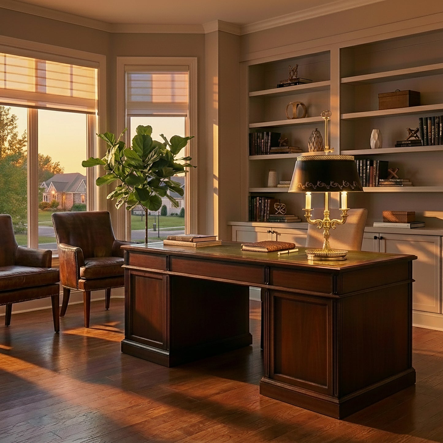 An antique brass bouillotte lamp with black shade in an office with Italian leather chairs.