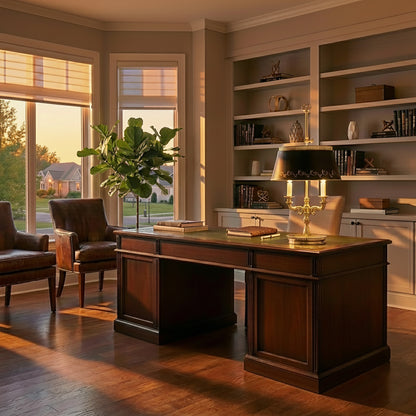 An antique brass bouillotte lamp with black shade in an office with Italian leather chairs.