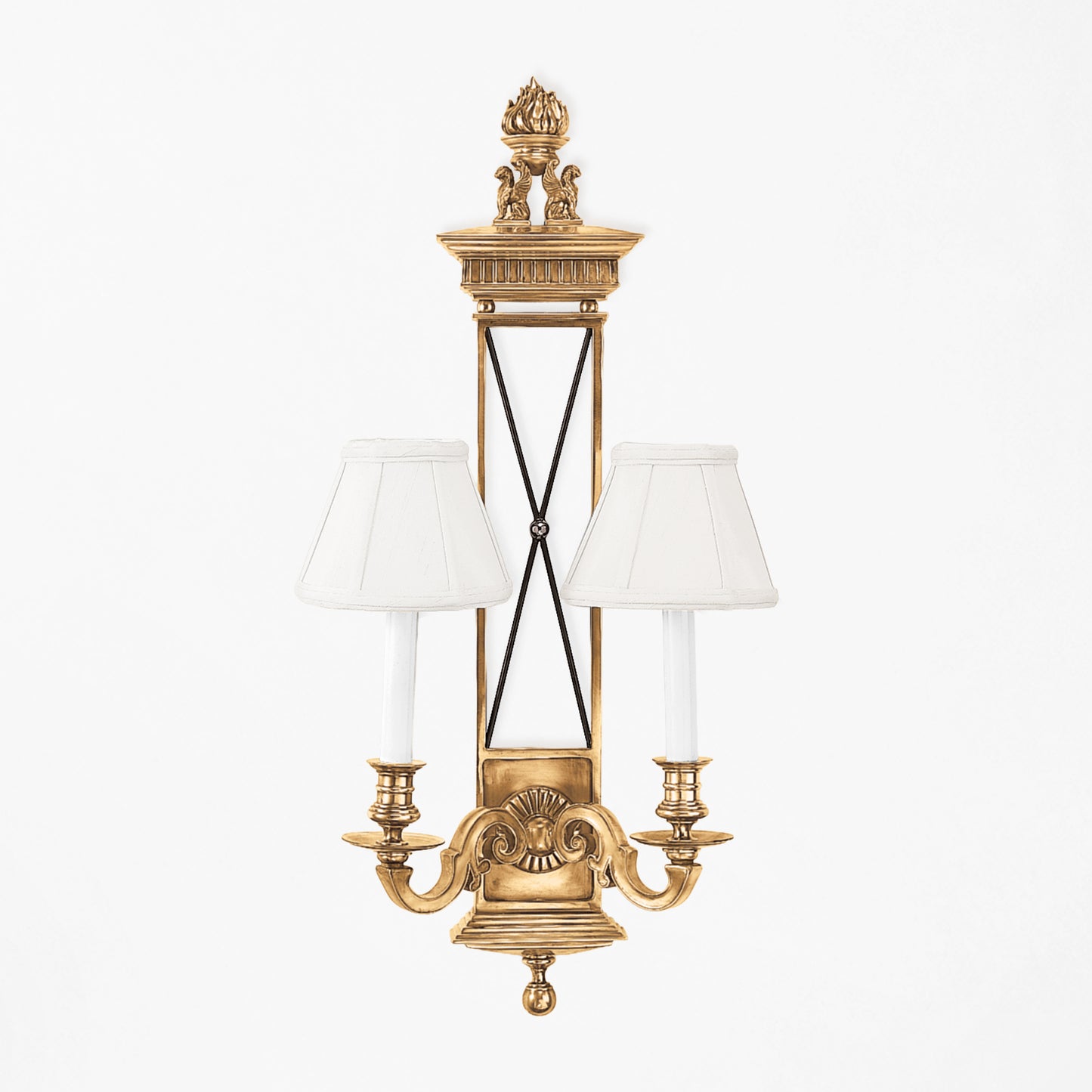 Luxurious brass sconce with white shades.