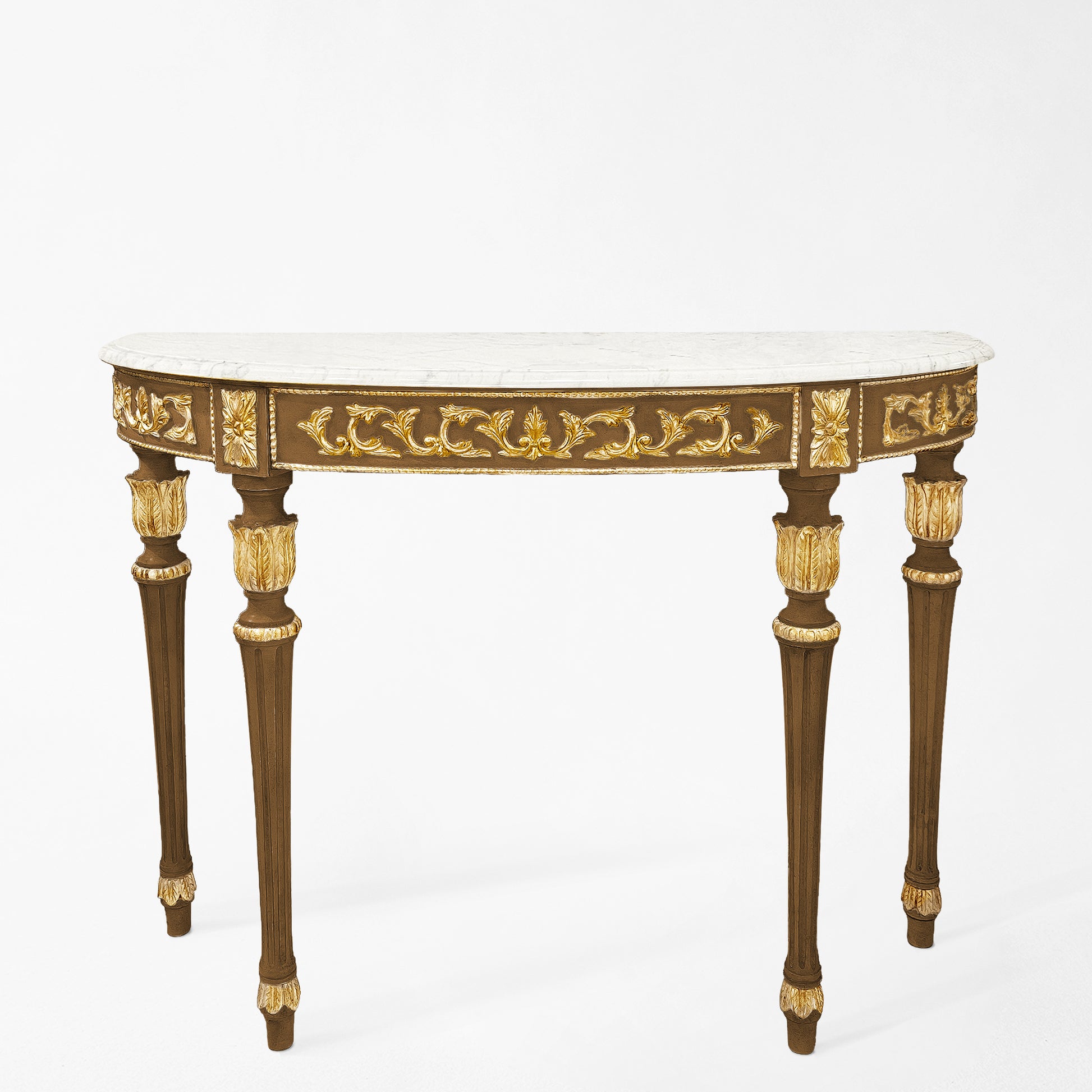 A traditional wood Italian console table with antique gold details and white marble top.