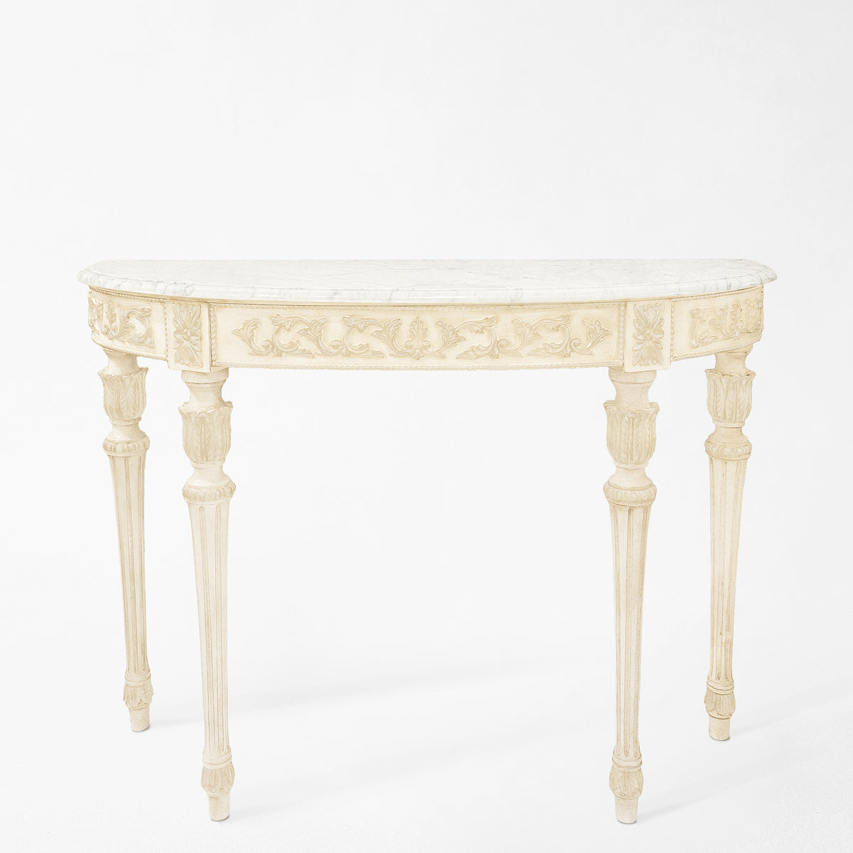 White Italian console table with white marble top.