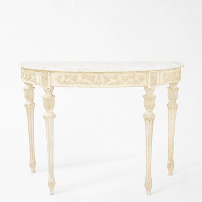 White Italian console table with white marble top.