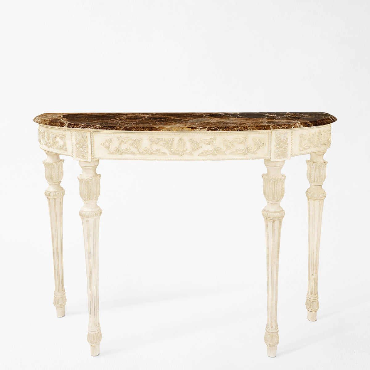 A white and brown Italian console table with a marble top.
