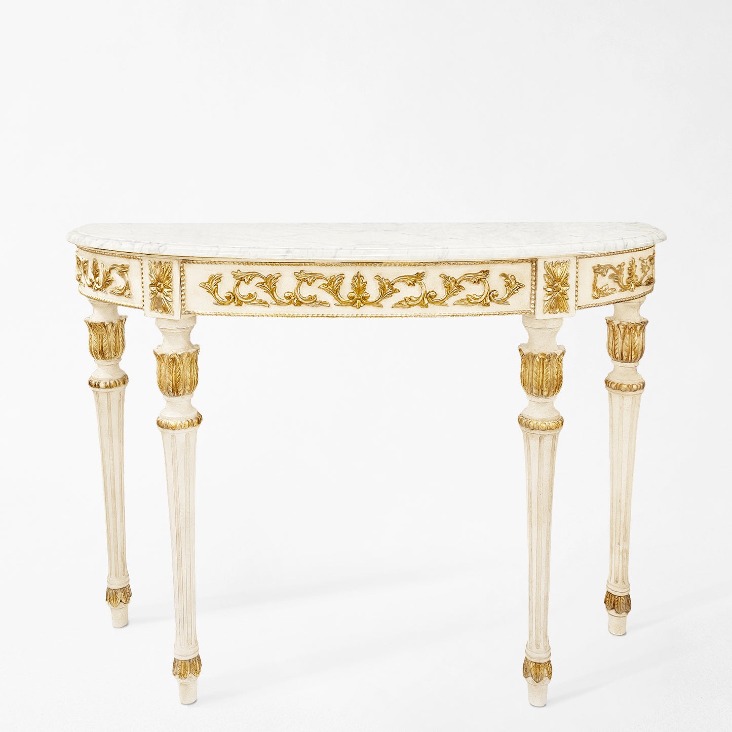 White and gold Italian console table with white marble top.
