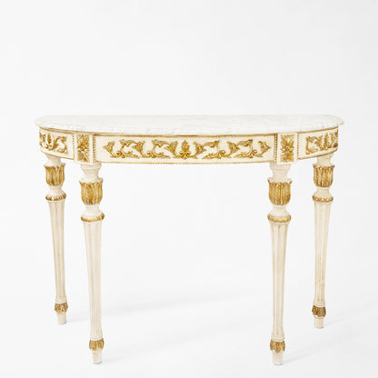 White and gold Italian console table with white marble top.