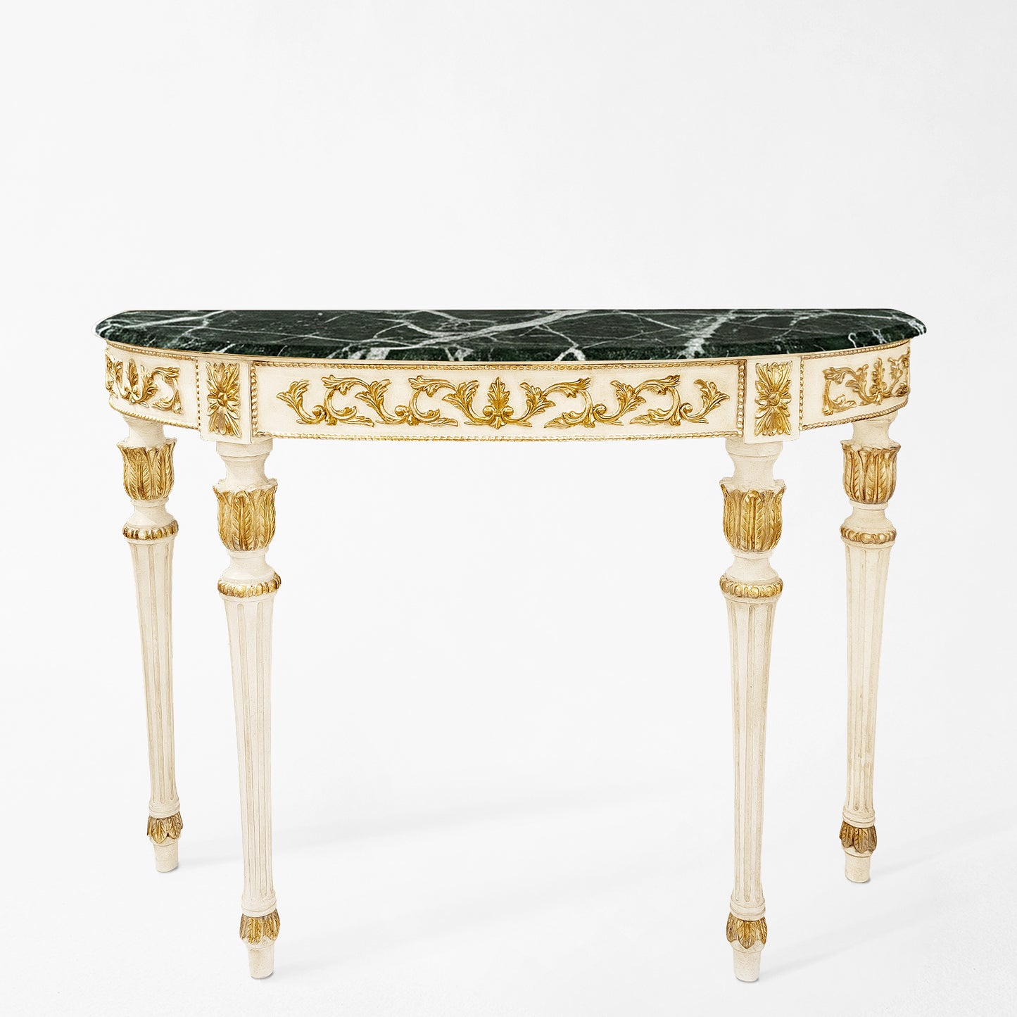 Traditional white and gold Italian console table with green Verde Alpi marble top.