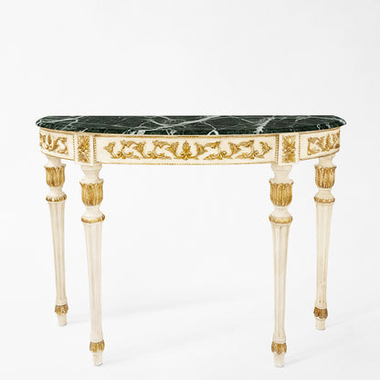 Traditional white and gold Italian console table with green Verde Alpi marble top.