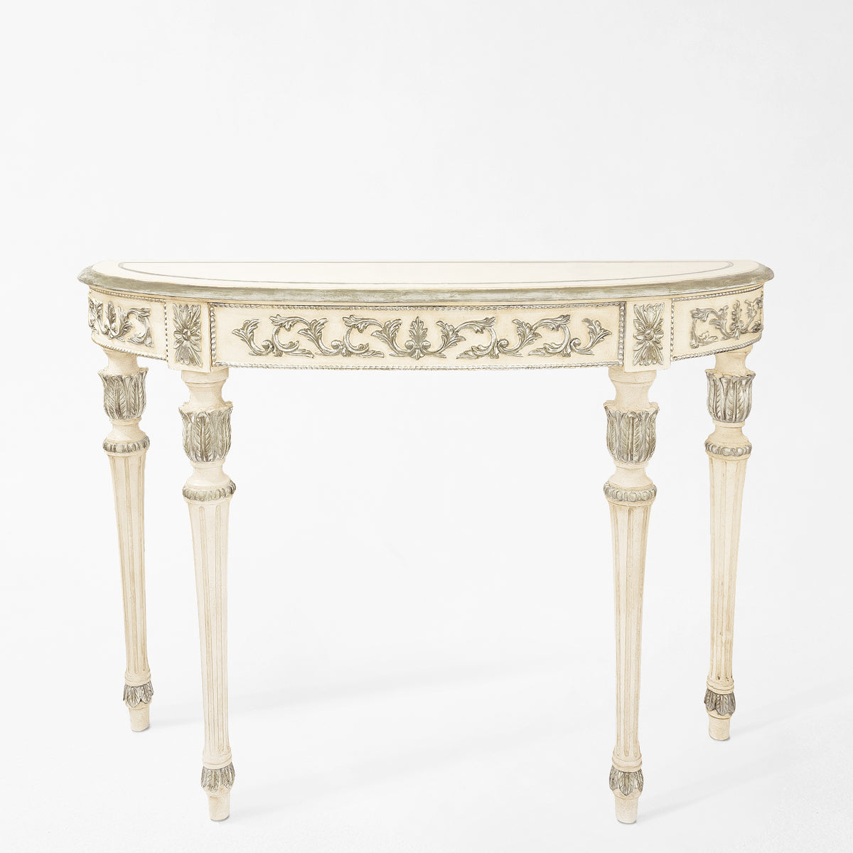Traditional white Italian console table with carved silver leaf details.