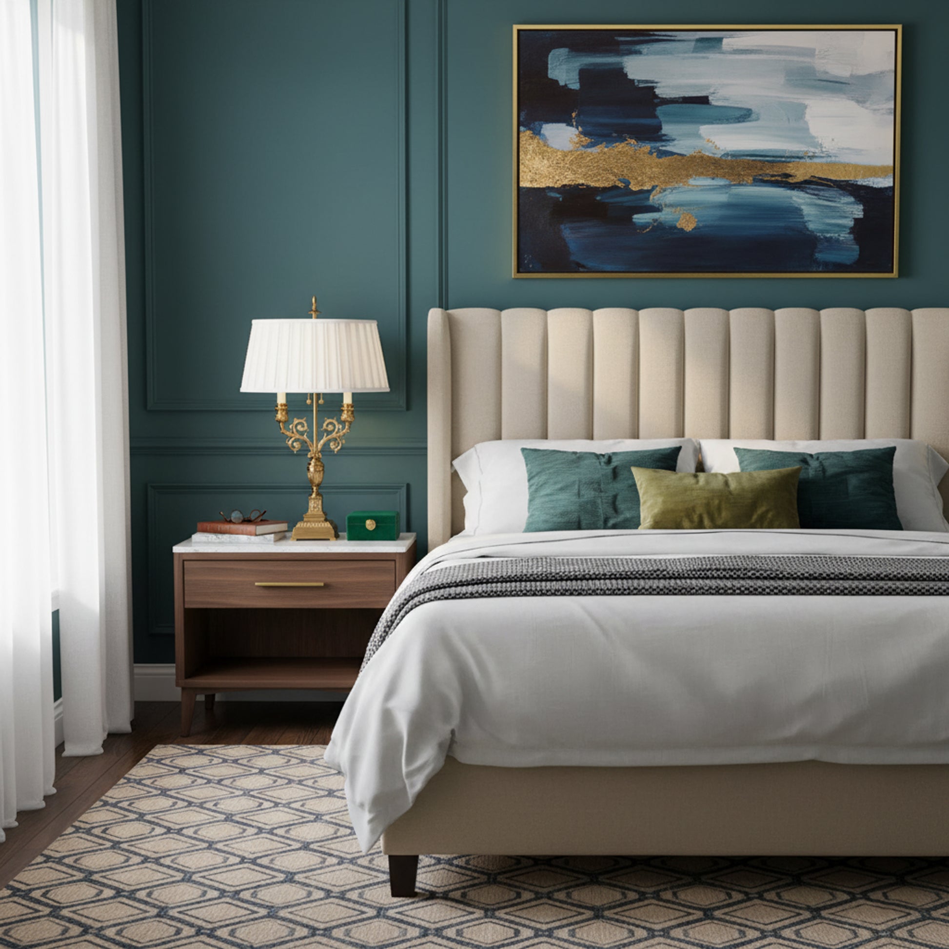 Brass table lamp in a bedroom setting.