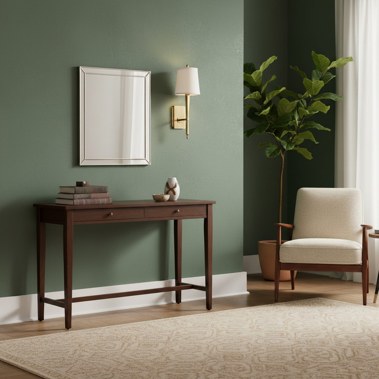 A brass sconce on a green wall in a living room.