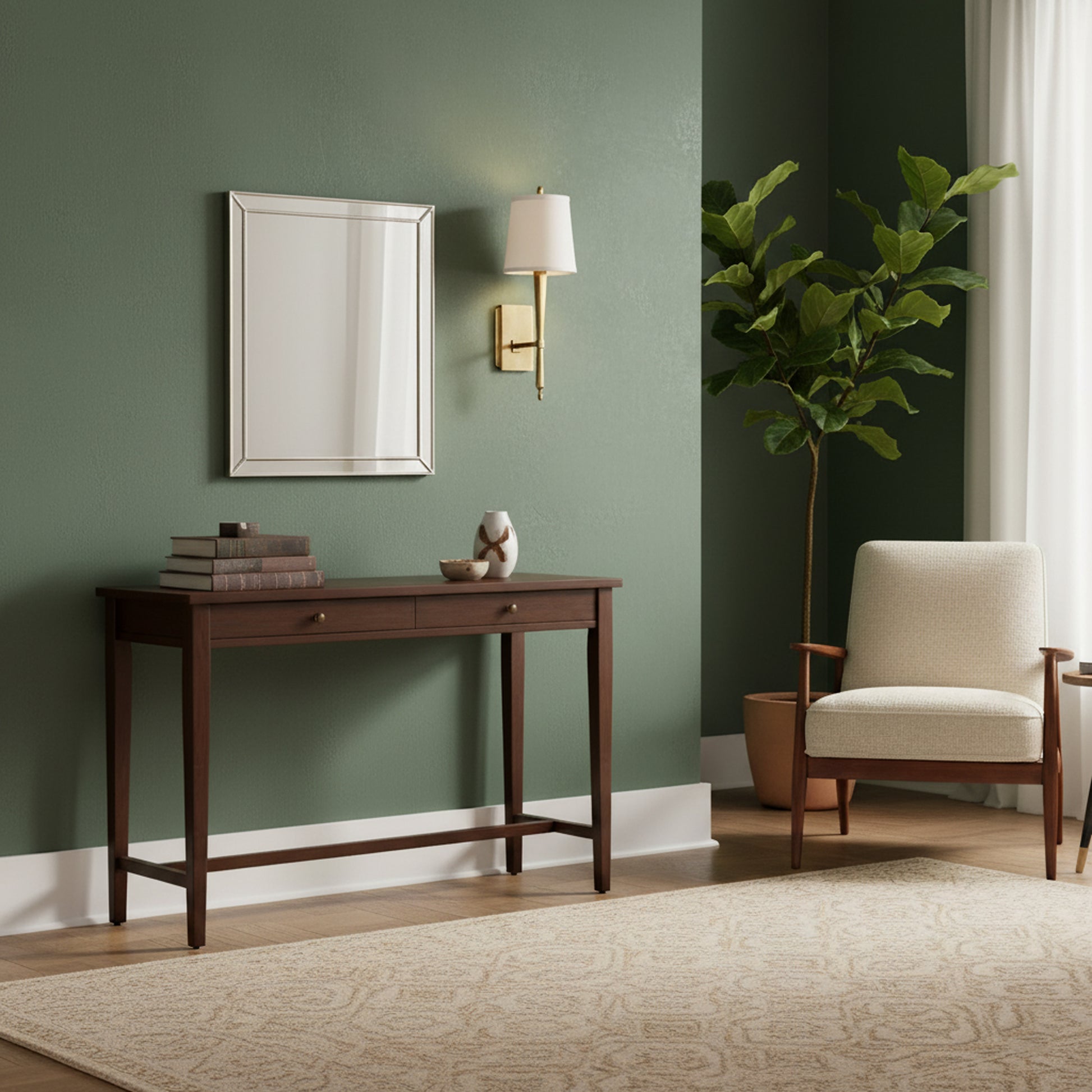 A brass sconce on a green wall in a living room.