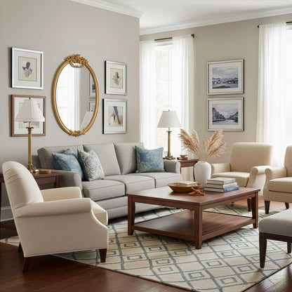 A transitionally designed living room with a wooden hand-carved Italian mirror, flanked by two brass lamps.