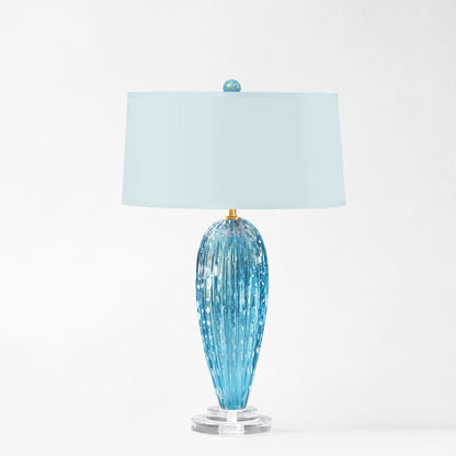 Blue Murano glass lamp with light blue lamp shade.