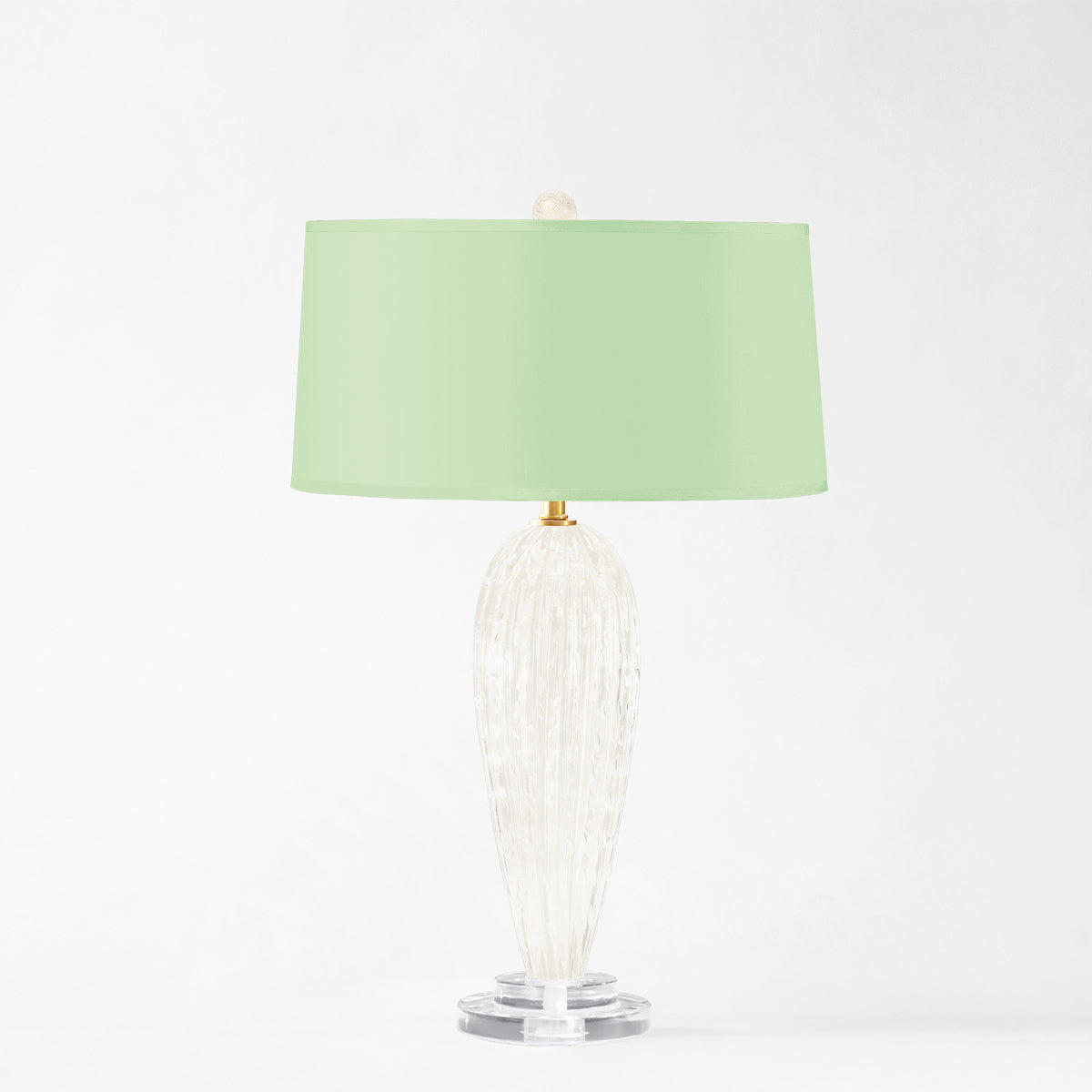 White Murano glass table lamp with light green lamp shade.