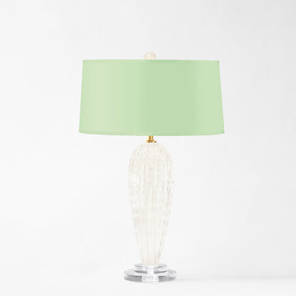 White Murano glass table lamp with light green lamp shade.