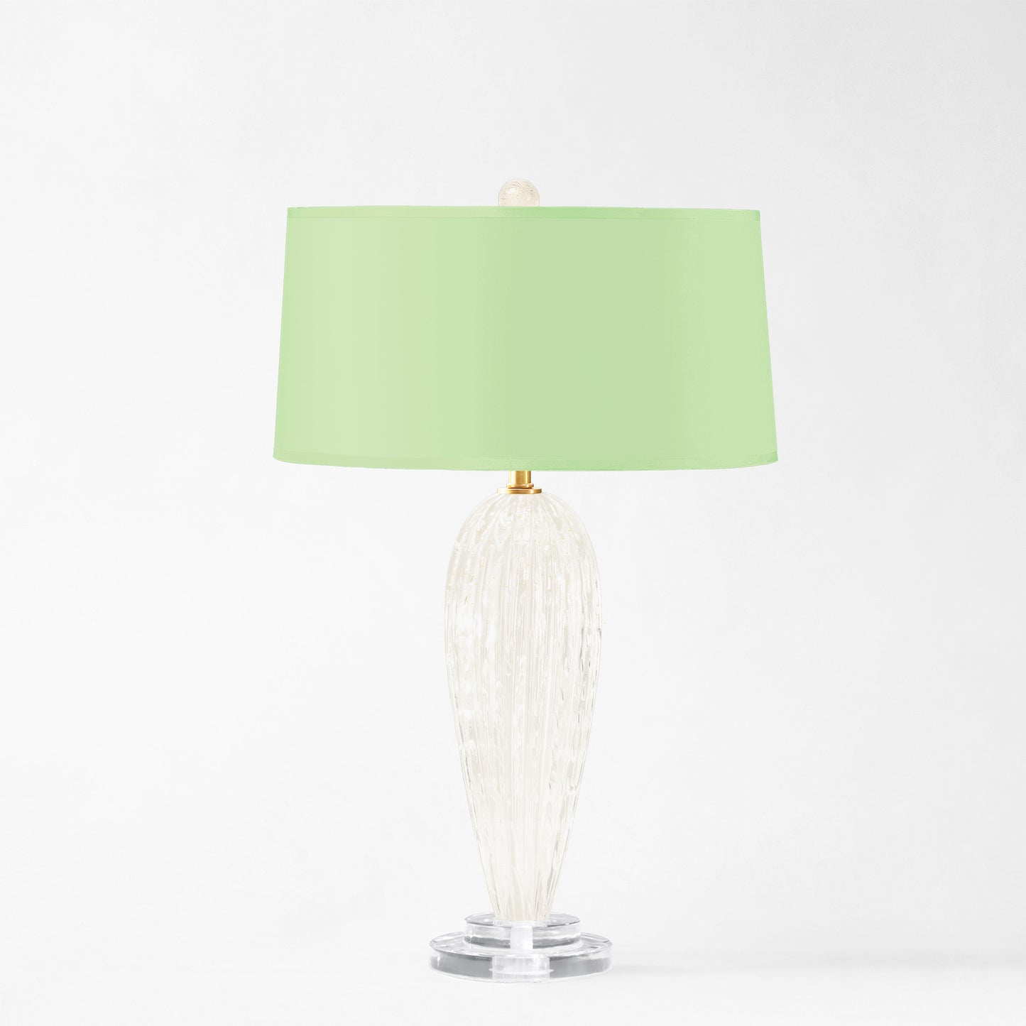 White Murano glass table lamp with light green lamp shade.