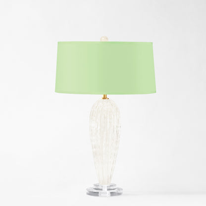 White Murano glass table lamp with light green lamp shade.
