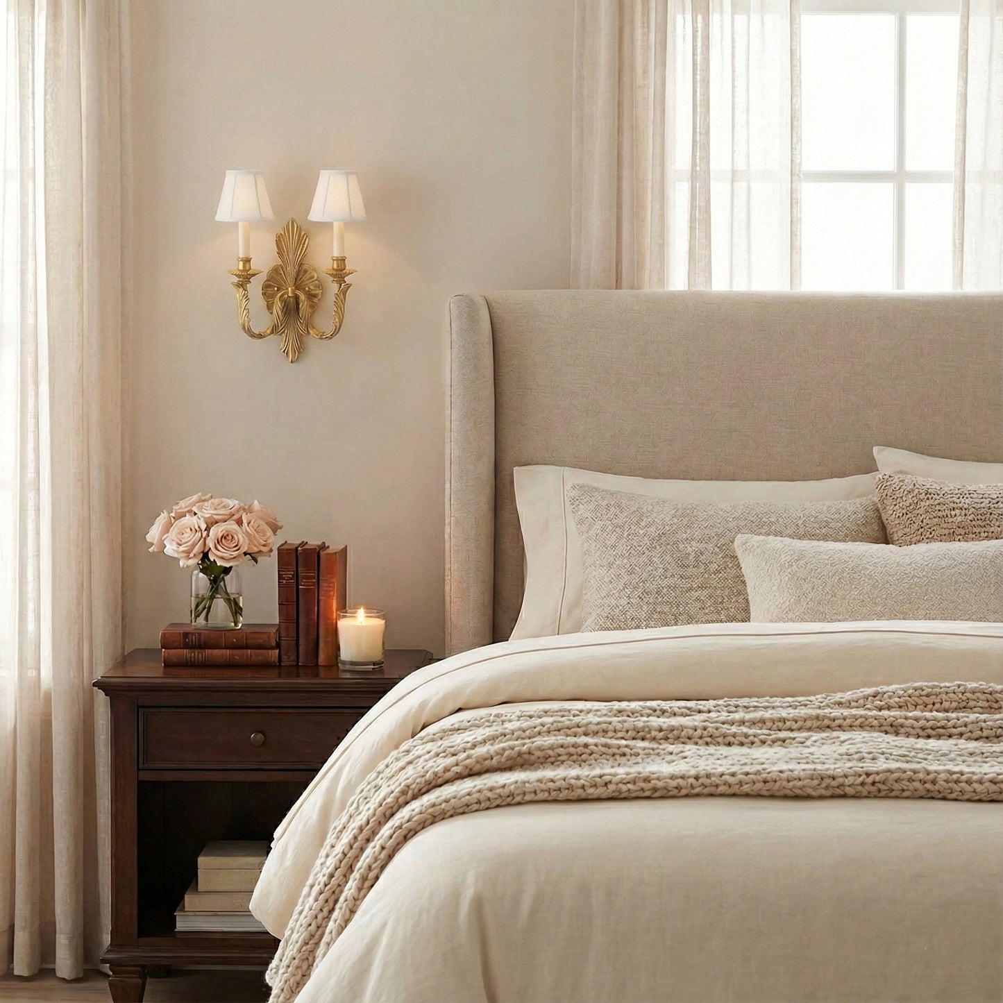 An antique brass sconce in a bedroom setting.
