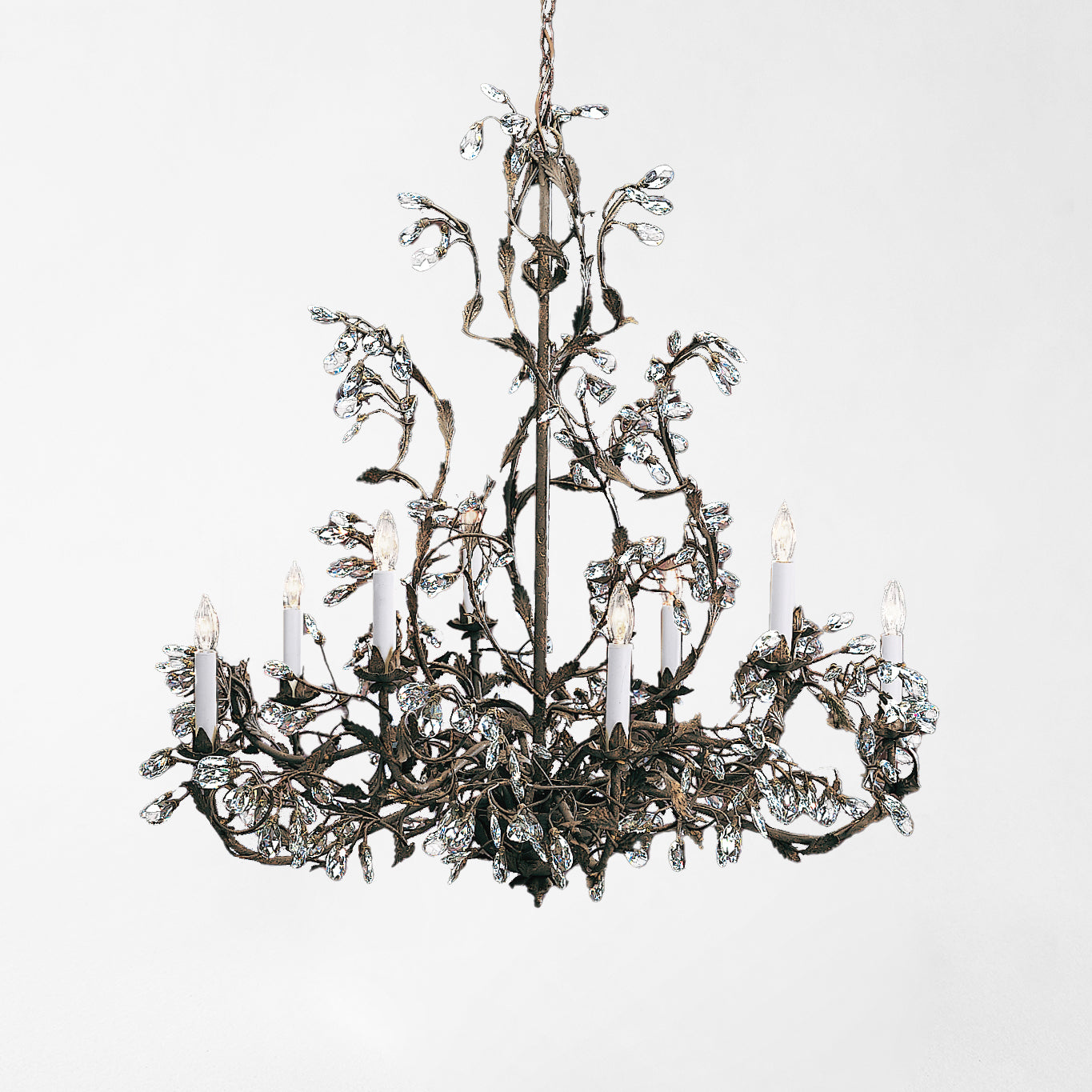 Italian chandelier with burnished iron finish and crystals.