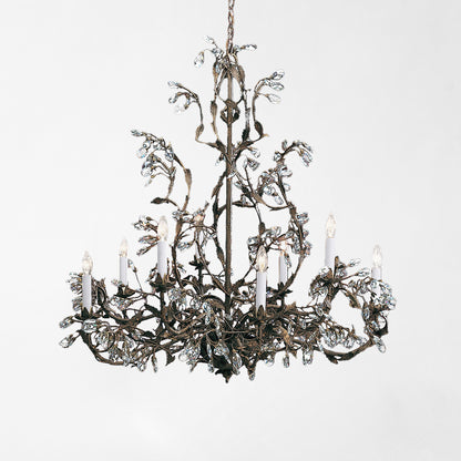 Italian chandelier with burnished iron finish and crystals.