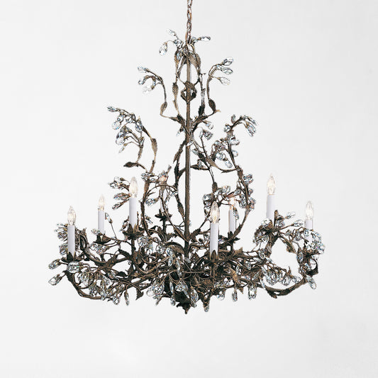 Italian chandelier with burnished iron finish and crystals.