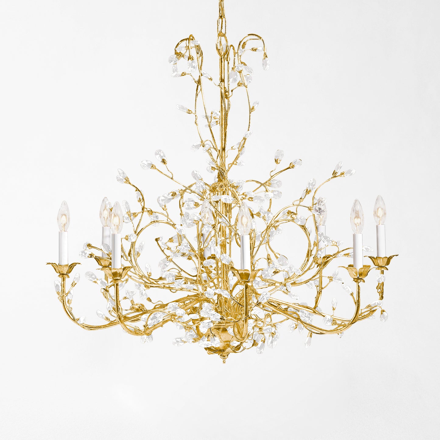 Gold Italian chandelier with crystals.