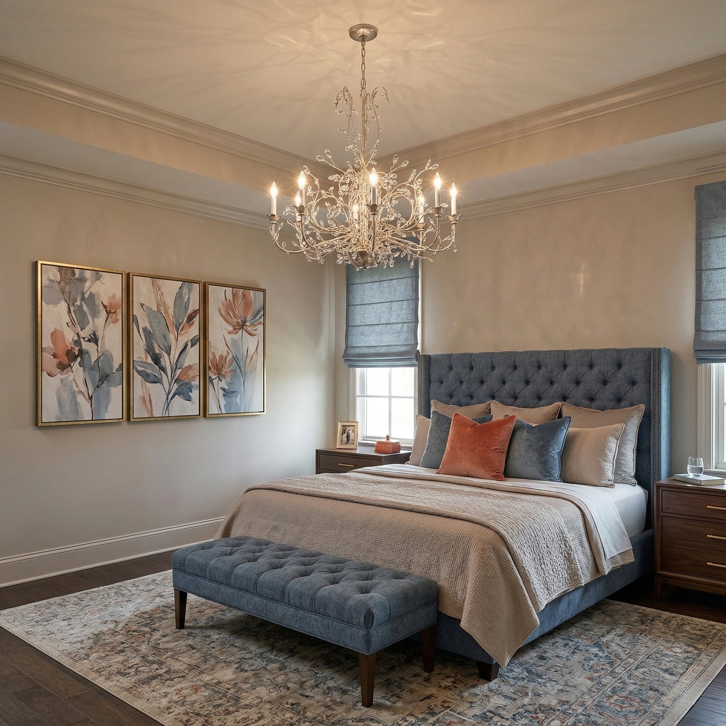 Silver Italian chandelier in a bedroom with crystals.
