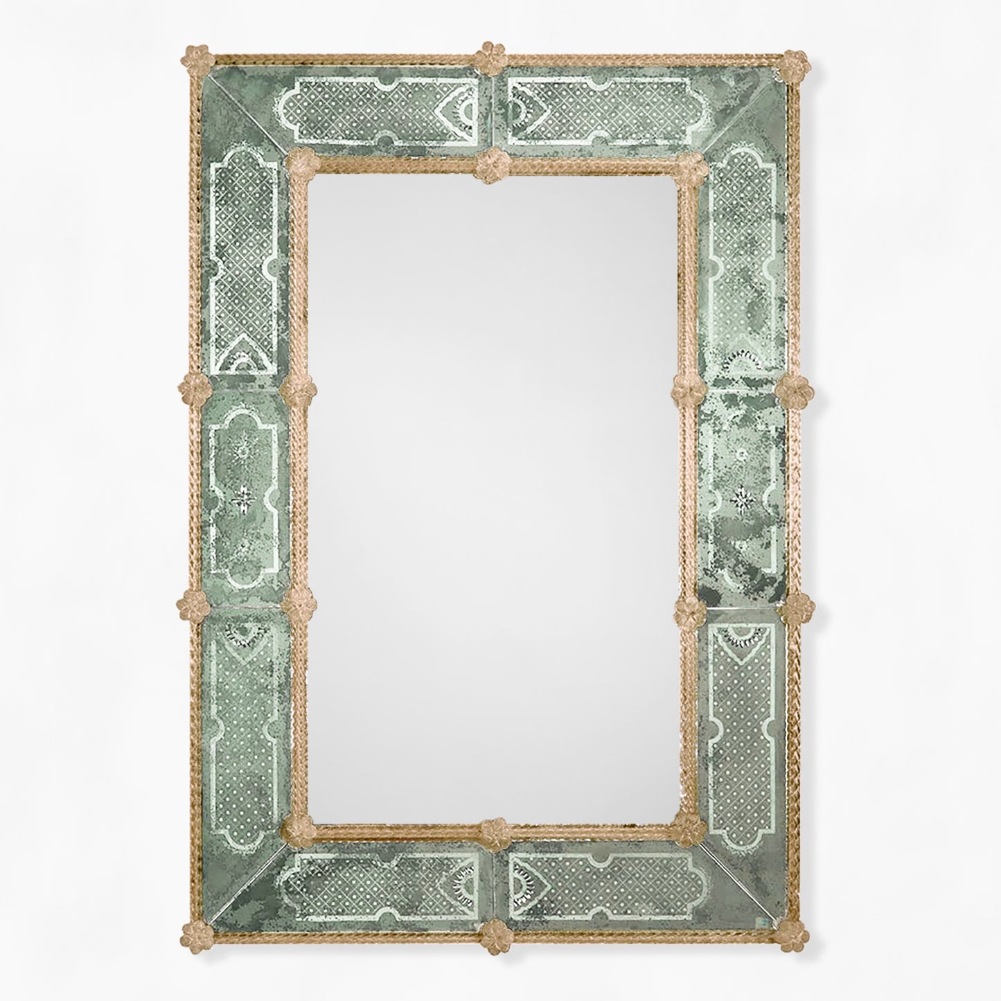 Antique green Murano glass mirror with gold accents.