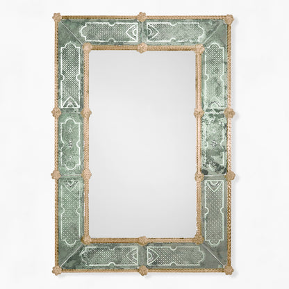 Antique green Murano glass mirror with gold accents.