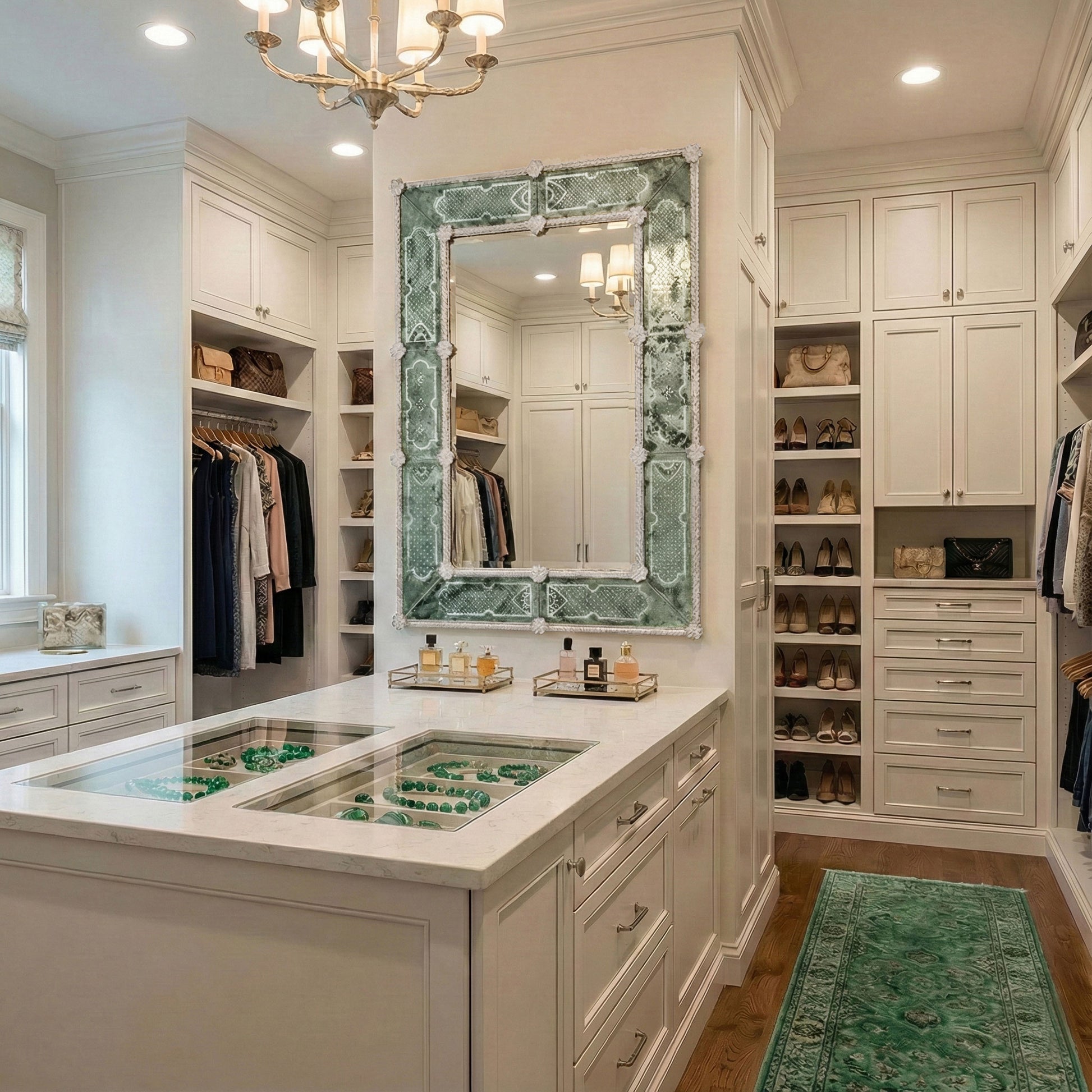 Antique green Murano glass mirror in luxurious walk-in closet with chandelier.