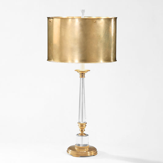 Antique brass and crystal table lamp with brass lamp shade.