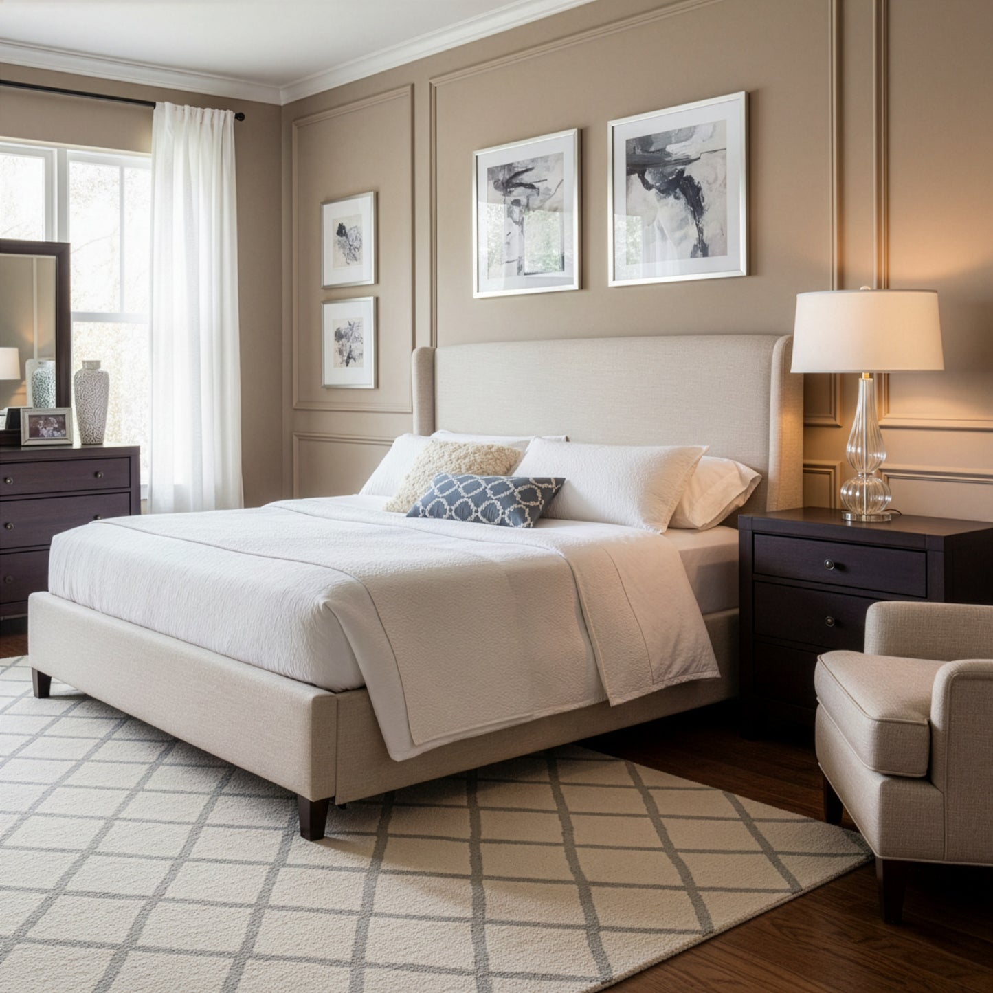 Neatly arranged bedroom with a bed, nightstands, and a clear Murano glass lamp.