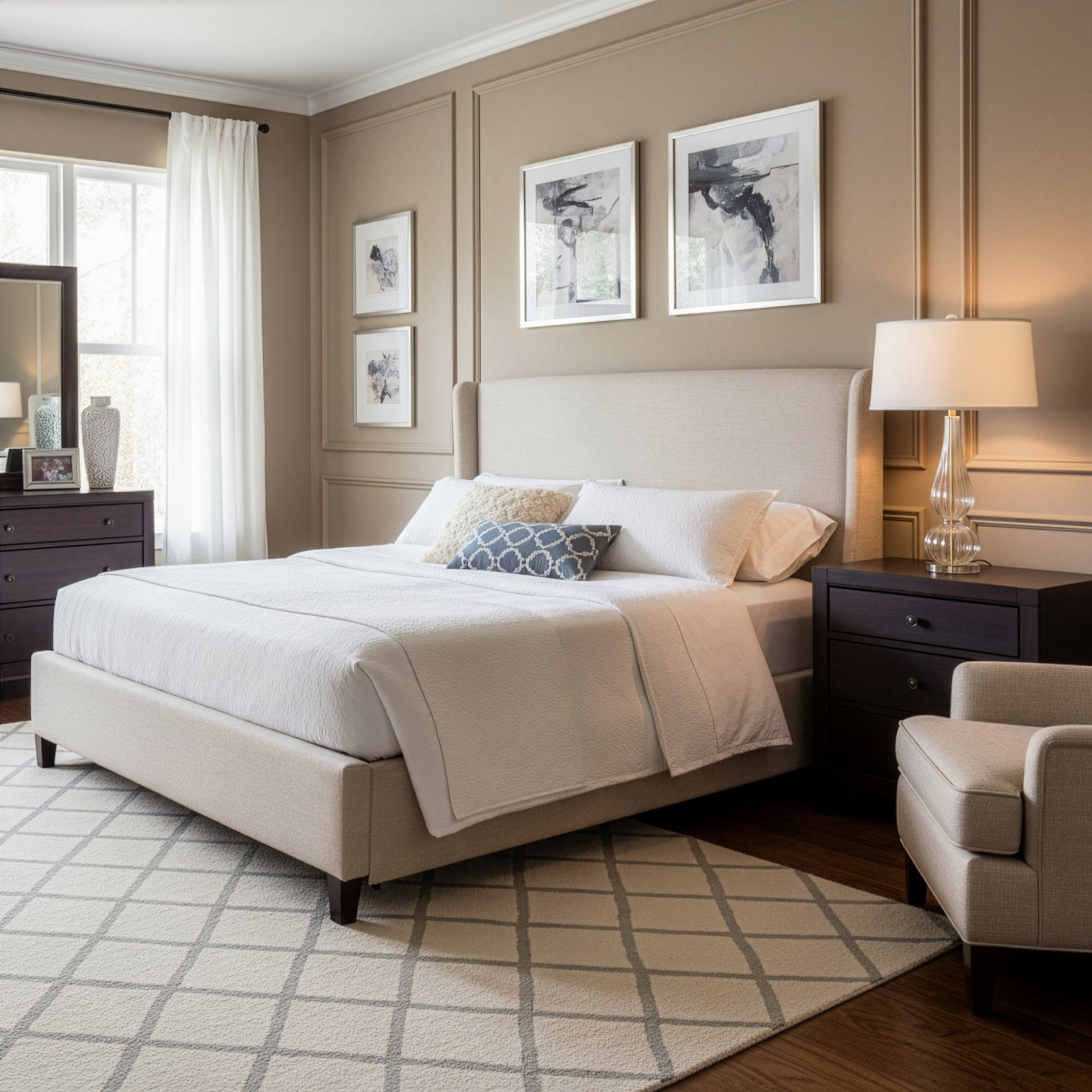 Neatly arranged bedroom with a bed, nightstands, and a clear Murano glass lamp.