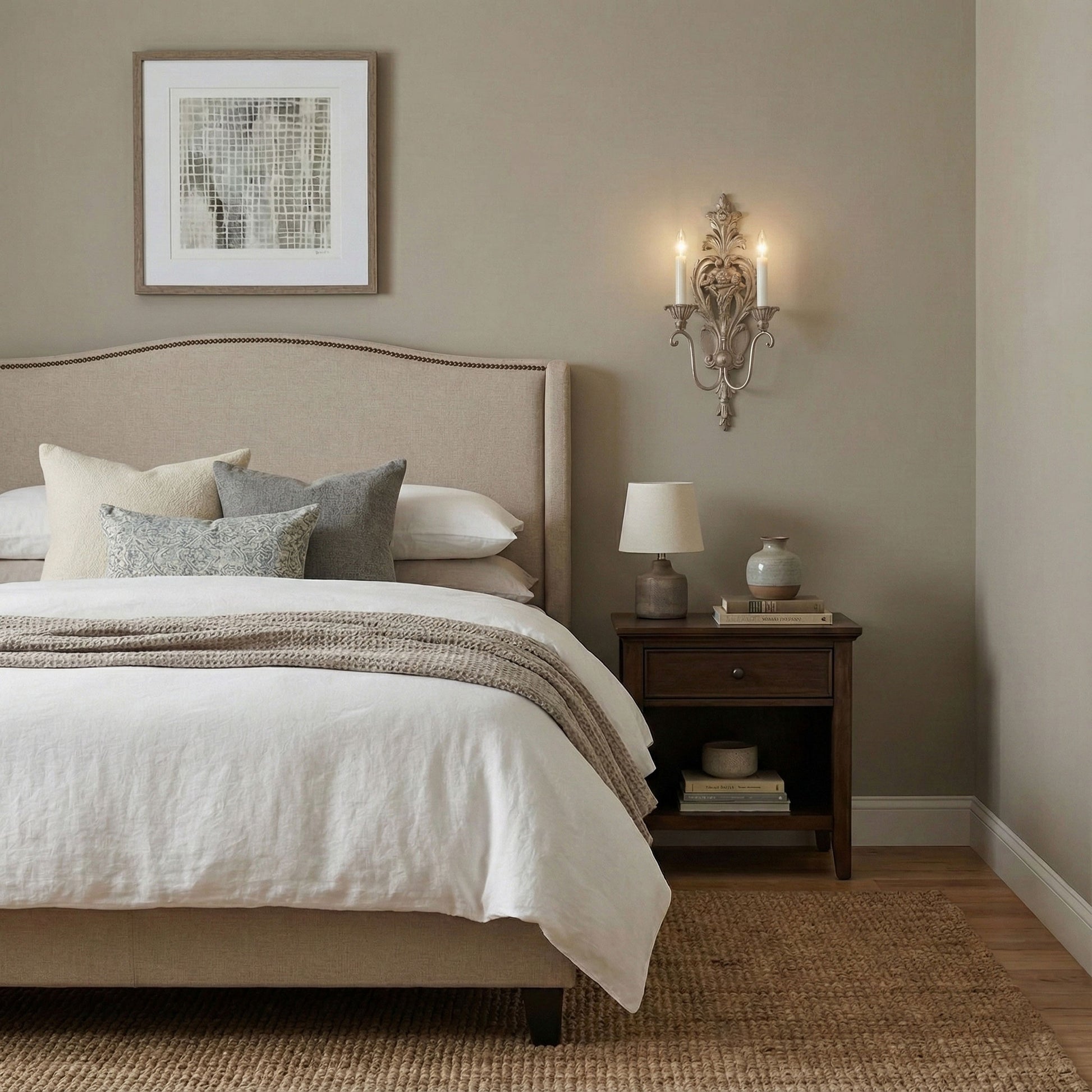 Luxurious silver sconce in bedroom with a lamp and art.